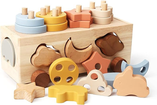 Shape Sorter Toy for Toddlers, Montessori Toy for 1 2 3 Year Wooden Sorting & Stacking Toys, Shape & Color Recognition Preschool Educational Toy Learning Activities for Boys Girls