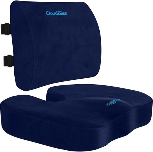CloudBliss Seat Cushion,Office Chair Cushion,Car Seat Cushion,Lumbar Support Pillow for Office Chair,Back Support Memory Foam Pillow Coccyx Cushion for Tailbone Pain&Sciatica Pain Relief,Blue, X-Large
