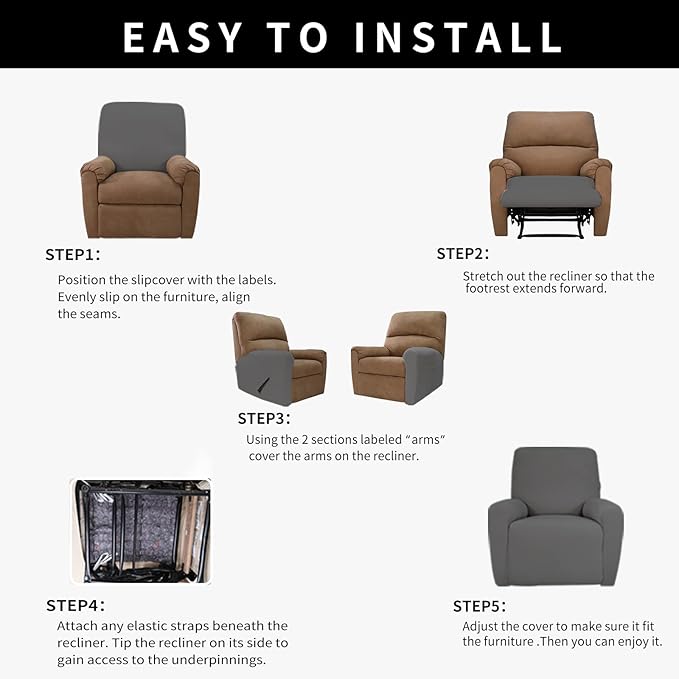 Easy-Going 100% Dual Waterproof Recliner Cover Stretch Soft Couch Cover for Dogs, Sofa Slipcover for Recliner Couch Leakproof Furniture Protector for Kids, Pets Gray