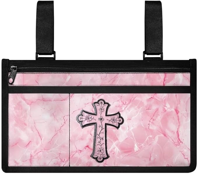 ZOUTAIRONG Pink Cross Wheelchair Side Bag Walker Pouch Bag with Cup Holder,Wheelchair Bags to Hang on Side for Walker, Rollator, Electric Scooter Wheelchairs, Ideal Gift for Seniors