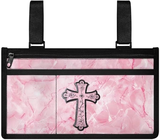 ZOUTAIRONG Pink Cross Wheelchair Side Bag Walker Pouch Bag with Cup Holder,Wheelchair Bags to Hang on Side for Walker, Rollator, Electric Scooter Wheelchairs, Ideal Gift for Seniors