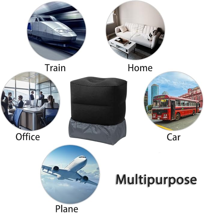 Travel Foot Rest Pillow, Portable Inflatable with Double Hand Pump Adjustable Three Layers Height Pillow for Foot Rest on Airplanes,Cars,Buses,Trains,Office Kids to Sleep on Long Flights (Black)