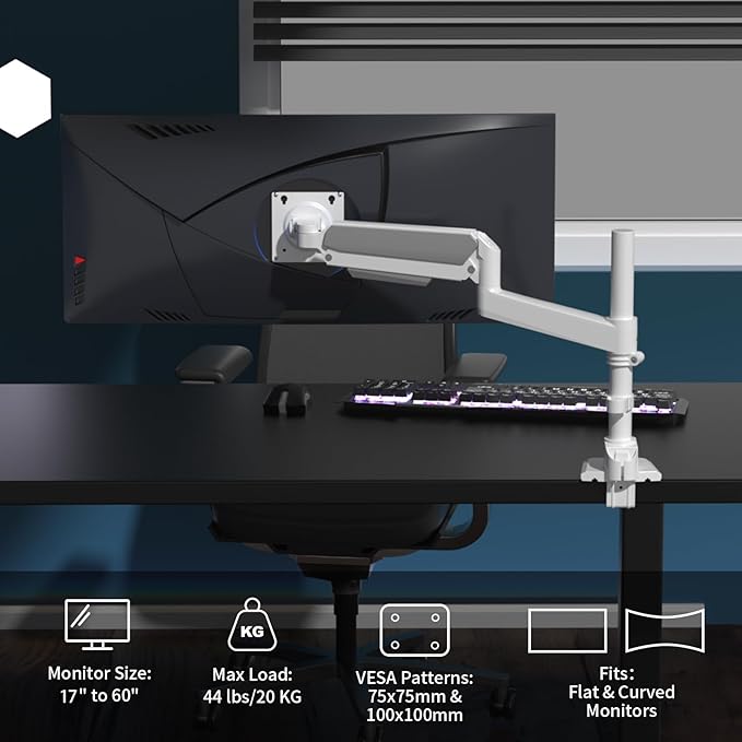 GUZHIKU Monitor Arm for 17 to 60 inch, Hold 44 lbs, Fully Adjustable Heavy Duty Desk Mount, Monitor Stand Fit 57 55 49", Ultrawide Monitors Bracket Clamp/Grommet Base VESA 75x75/100x100 (White)