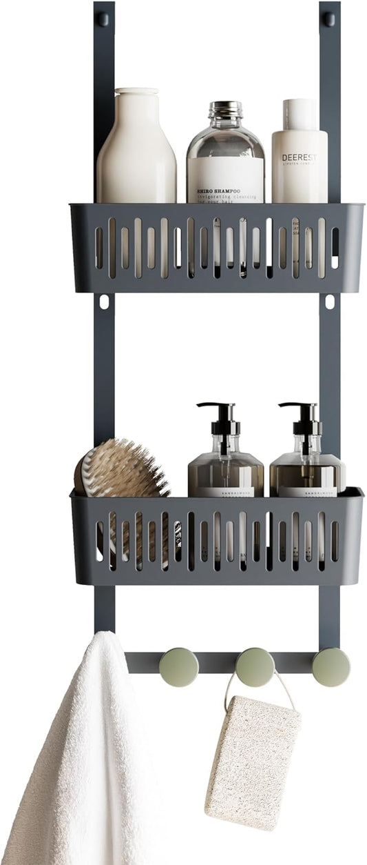 Zenna Home SnugFit Over the Door Caddy Organizer with 2 Storage Baskets and 4 Hooks, Over Door Hanging Organizer for Bathroom, Kitchen, Bedroom, Closet, Easy to Install, No Drilling, Blue