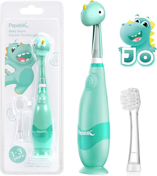 Papablic Toddler Sonic Electric Toothbrush for Ages 1-3 Years, Baby Electric Toothbrush with Cute Dino Cover and Smart LED Timer, 2 Brush Heads (Jo)