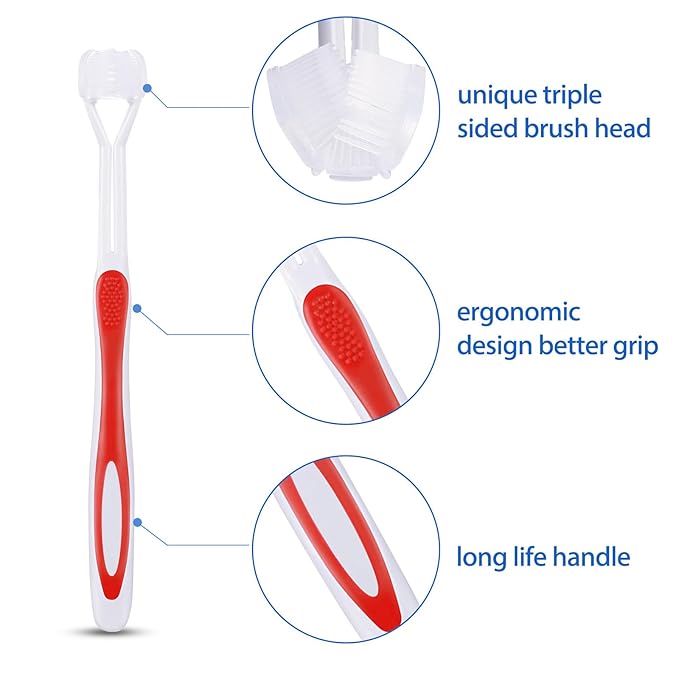 Boao 4 Pieces Three Sided Toothbrush Autism Sensory Toothbrush Bristle Travel Brush for Kids Complete Teeth Gum Care Good Angle Clean Tooth, Soft and Gentle(Red)