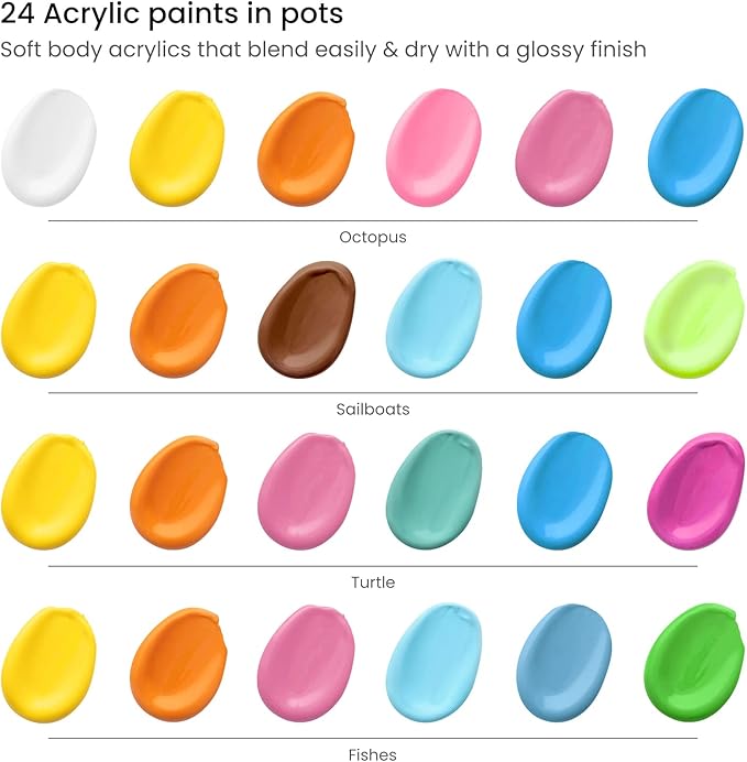 Arteza Kids Ocean Scenes Painting Kit, 4 Canvases 8 x 8 Inches, 24 Acrylic Paints, 4 Paint Brushes, 4 Palettes, Kids Activities Ages 6 and Up