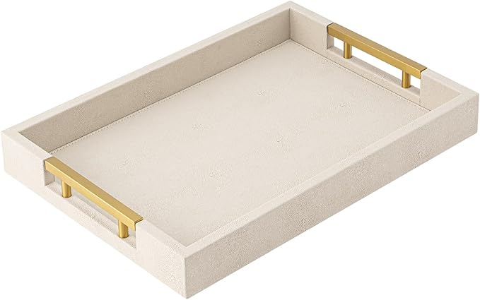 Beige Faux Leather Serving Tray with Handles – Large Decorative Tray for Coffee Table, Ottoman, Living Room, Bathroom – Home Decor