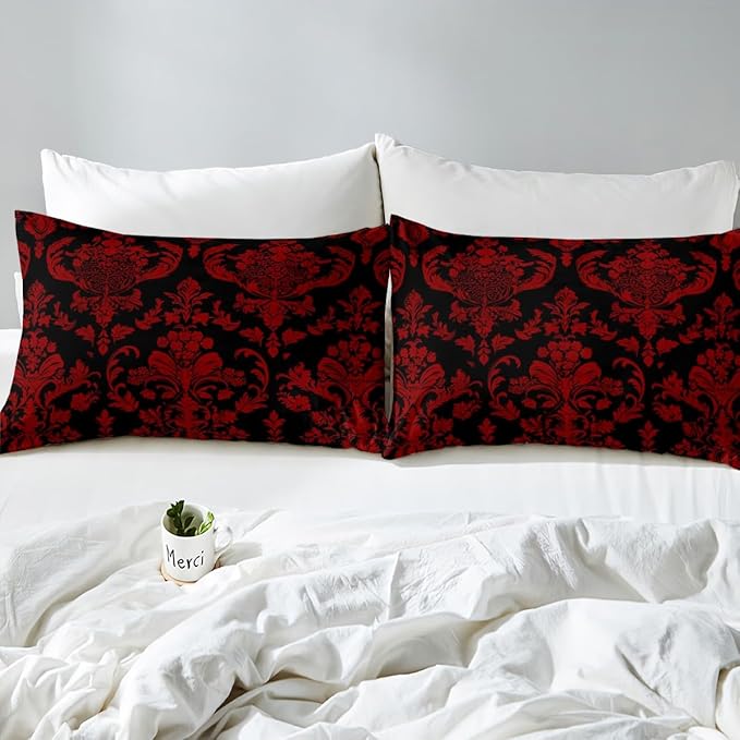 Feelyou Red Black Vintage Damask Floral Duvet Cover Set Oriental Antique Bedding Set Twin Size for Kids Boys Girls Gothic Bohemia Floral Comforter Cover Luxury Flower Quilt Cover,No Comforter