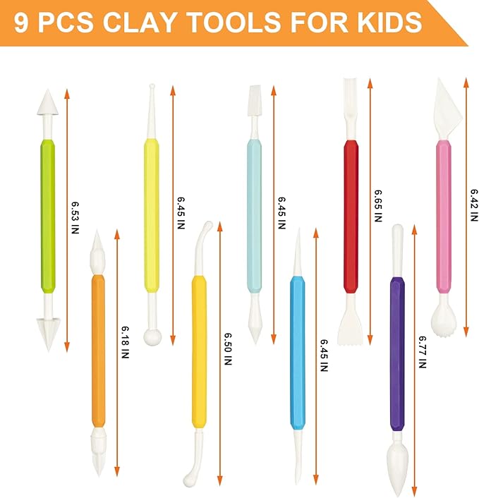 9PCS Clay Tools for Kids, Luney Double-Head Plastic Clay Sculpting Tools, for Crafts, Baking, Carving, Modeling, Shaping(Assorted Colors)