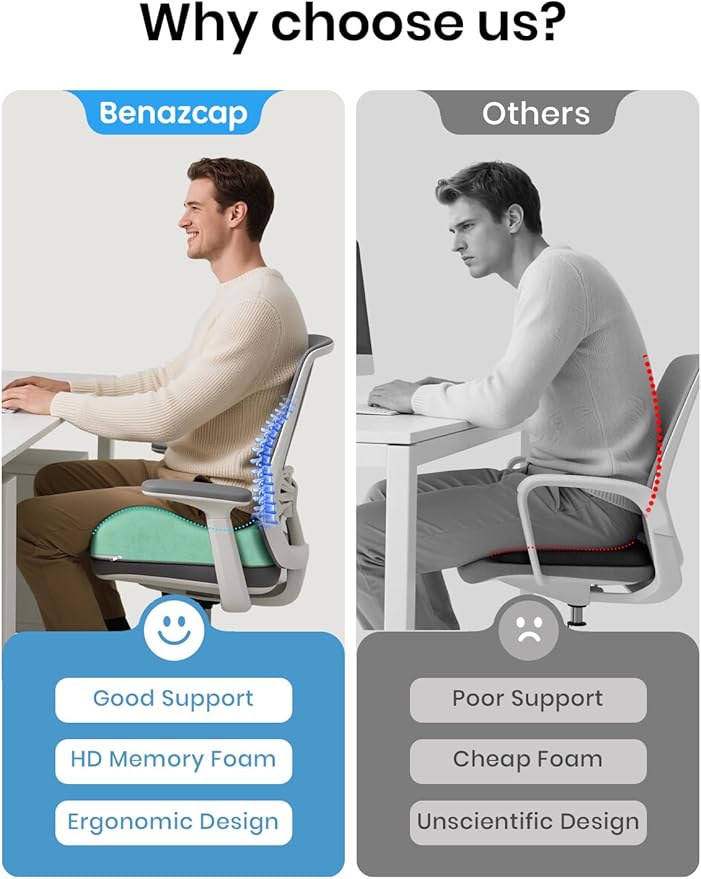 Benazcap Seat Cushion - Memory Foam Car Seat Pad - Sciatica & Lower Back Pain Relief - Car Seat Cushions for Driving - Road Trip Essentials for Drivers, Green