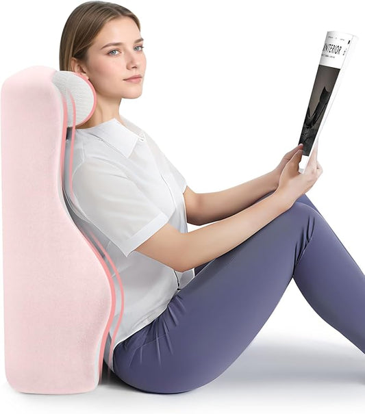 Ergonomic S Curve Reading Pillow for Sitting in Bed Adult- Back Pillow for Bed Sitting up with Adjustable Headrest- Memory Foam, Pink