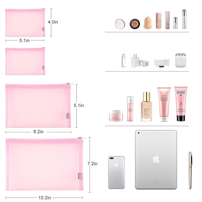 EASYFUN Mesh Pouch, Make up Bag with Zipper Cosmetic Organizer Pouch for Daily or Travel to Keep Small Items, 4 PCS Pink
