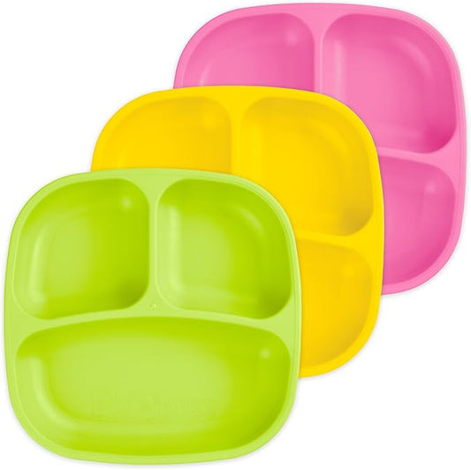 Re-Play Made in USA 7" Deep Walled Divided Plates for Kids, Set of 3 - Reusable 3 Compartment Plates, Dishwasher and Microwave Safe - 7.37" x 7.37" x 1.25", Pink Asst