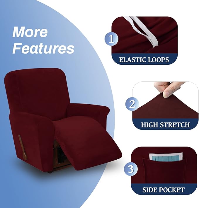 WEERRW Velvet High Stretch Recliner Chair Cover 1 Piece Recliner Couch Cover, Washable Furniture Protector with Non Slip Elastic Bottom for Kids and Pets, Burgundy