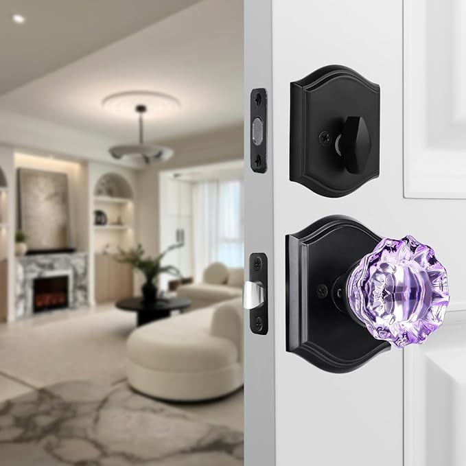 CLCTK Purple Crystal Glass Passage Door Knob and Single Cylinder Deadbolt Combo Set, Matte Black Finish