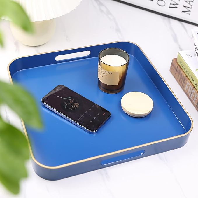Omuriko Royal Blue Square Decorative Tray with Handles, 13"*13" Versatile Serving Tray for Coffee Table, Ottoman, Ideal for Serving, Displaying, Organizing