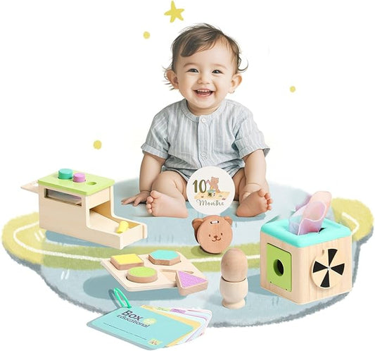IEATFO Montessori Toys for Babies 9-12 Months, 7-in-1 Wooden Playful Learning Toys with Egg Cup, Castanets, Magic Tissue Box, Textured Shape Puzzle, Cylinder Drop Box and More, Stage-Based Toys