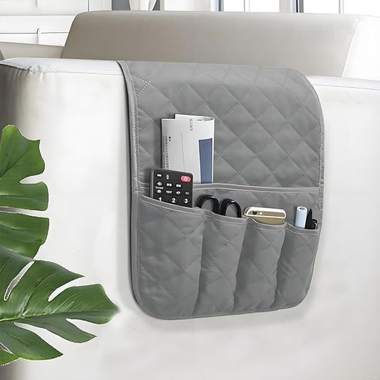 Sofa Armrest Organizer Non-Slip Arm Chair Bedside Caddy Storage Organizer for Recliner Couch with 5 Pockets for Cell Phone TV Remote Control Magazines(LIGHT GRAY)