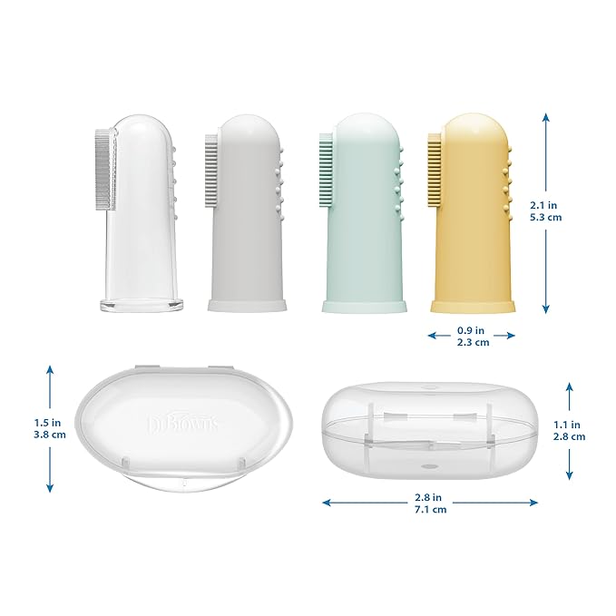 Dr. Brown's 100% Silicone Baby Finger Toothbrush and Toothpaste Set, 2-Pack Toothbrush with Storage Case, Fluoride-Free Strawberry Toddler Toothpaste, Gray & Yellow