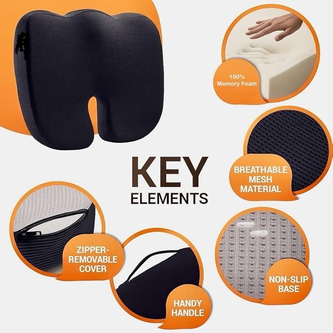 Premium Memory Foam Seat Cushion with Carrying Bag & Cooling Gel for Office Chair, Wheelchair, Travel, Car Seat, Gaming Chair for Coccyx & Tailbone Pain, Back Pain Relief, Sciatica Support