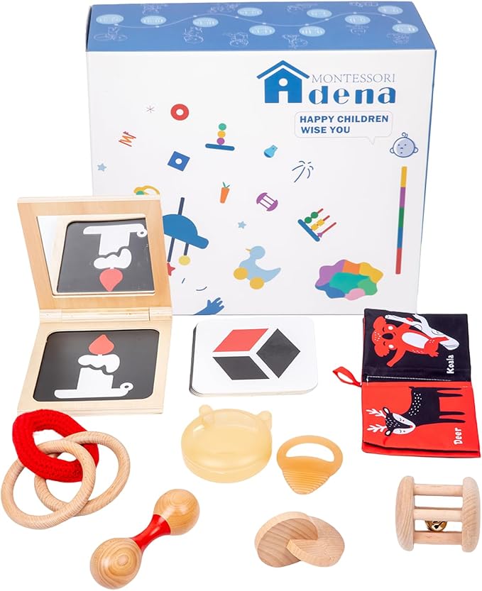 Adena Montessori Play Kit for 3-4 Months Baby,8 in 1 Wooden Learning Educational Toys for Toddler,Include Framed Mirror Book,High-Contrast Cards and More,Christmas Birthday Gift for Boys Girls