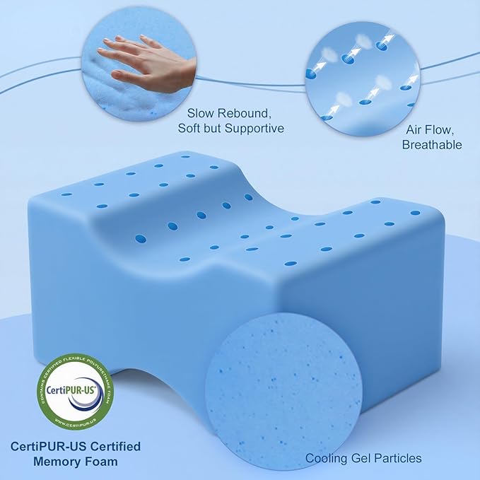 KingPavonini Cooling Knee Pillow for Side Sleepers, Gel Memory Foam Leg Pillows for Side Sleeping with Ice Silk Cover and Strap, Knee Pillow for Back Hip Pain, Spine Aligning, Sciatica, Pregnancy