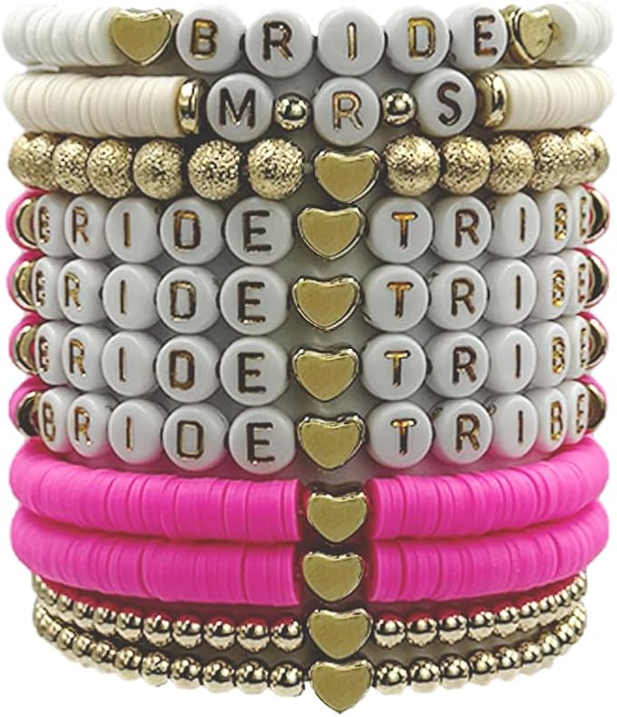 Bridal Shower Decorations, Bachelorette Party Favors, 11 Pcs Rose Red Bride Tribe Clay Bead Bracelet Preppy Bracelet Stretch for Women Wedding Boho Disc Party Beach Wedding Gift Supplies (White & Rose