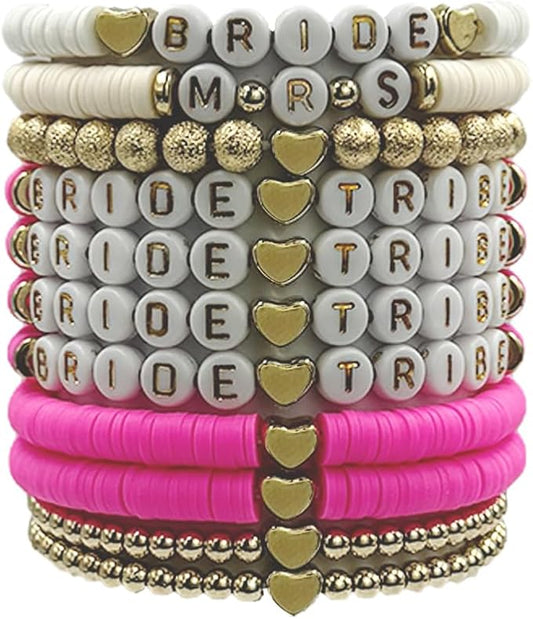 Bridal Shower Decorations, Bachelorette Party Favors, 11 Pcs Rose Red Bride Tribe Clay Bead Bracelet Preppy Bracelet Stretch for Women Wedding Boho Disc Party Beach Wedding Gift Supplies (White & Rose