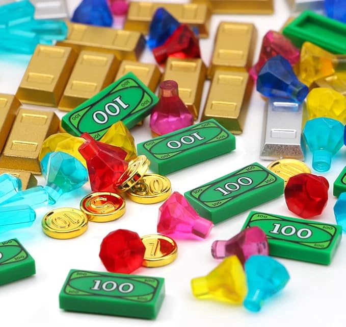 Feleph Treasure Accessories Money Building Blocks Set Jewel Chest, Gems Diamonds, Bullion Gold Tile Silver Bar, Power Crystals, Coins, Goblet, 100 Dollar Bill Cash Toy Brick