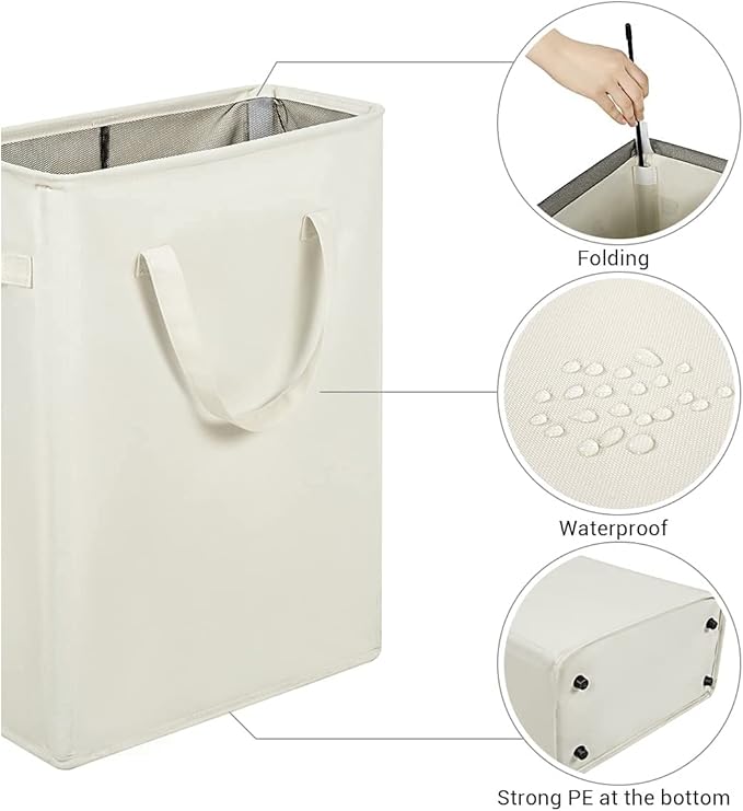 ZERO JET LAG Slim Laundry Hamper With Handles Collapsible Laundry Basket Thin Dirty Clothes Basket Narrow Laundry Bag Foldable Dirty Clothes Hamper 45L (23 inches,Beige)