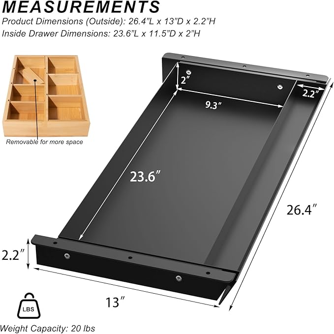 Large Under Desk Mounted Sliding Drawer with Bamboo Tray and 60 Degree Tilt Panel to Pull Out, 26'' Long & 13'' deep Large Storage Organizer for Sit Stand Workstation