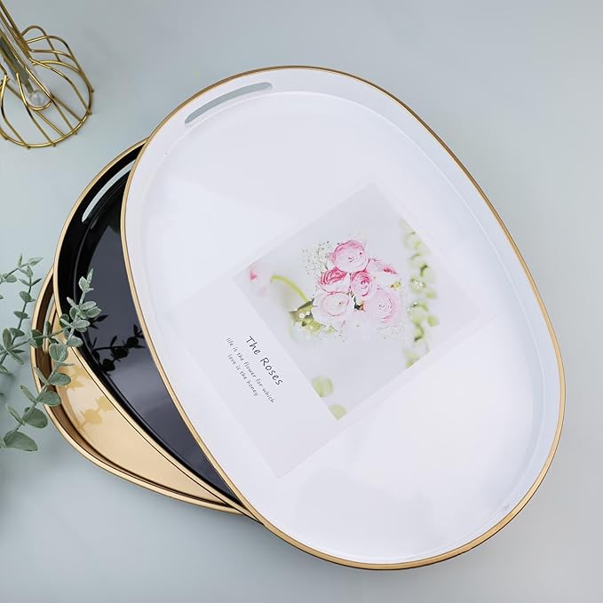 Omuriko Gold Oval Decorative Tray with Handles, Versatile Serving Tray for Coffee Table, Ottoman, Ideal for Serving, Displaying, Organizing, 15.3"*10.6"*1.37"