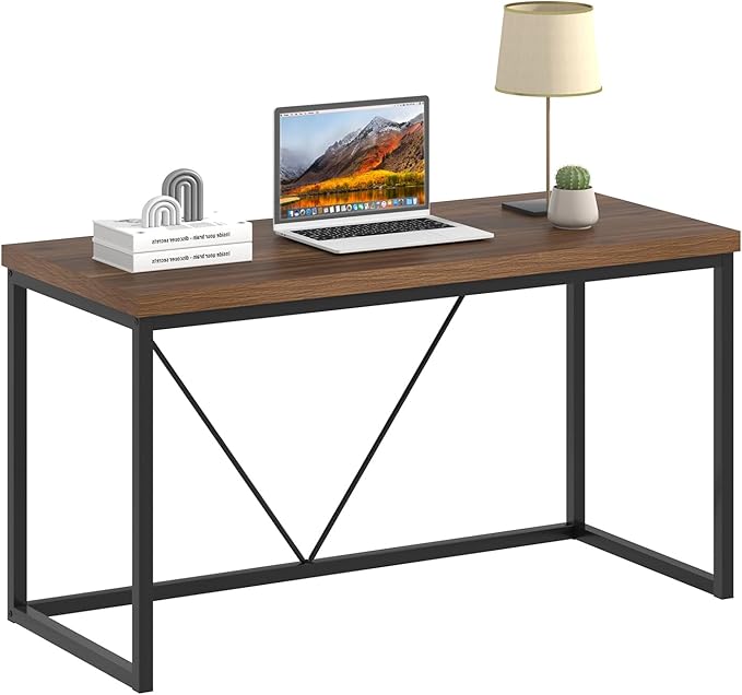 FOLUBAN Modern Computer Desk, Rustic Wood and Metal Study Writing Table, Simple Work Gaming PC Desk for Home Office, Walnut 53 Inch