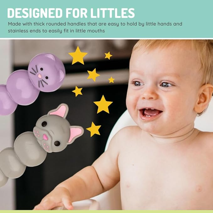 melii Toddler and Kid Feeding Spoon & Fork Set, Stainless Steel, BPA Free, Dishwasher safe (Cat & Bulldog 4pc)