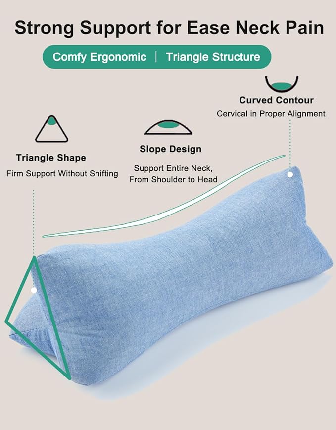 Buckwheat Neck Pillow, Cervical Neck Roll Bolster Pillow for Pain Relief, Washable Cover, Firm Neck Support Ideal for Back Side Sleepers, Office Lunch Break, Blue 15 X 5 Inches