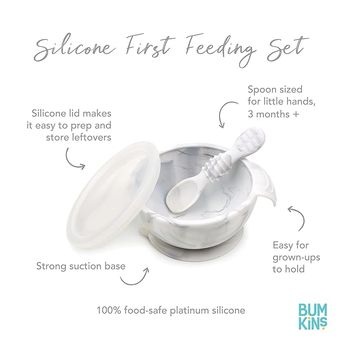 Bumkins Baby Bowl, Silicone Feeding Set with Suction for Baby and Toddler, Includes 4 Spoons and Lid, First Feeding Set, Training Essentials for Baby Led Weaning for Babies 4 Months Up, Marble