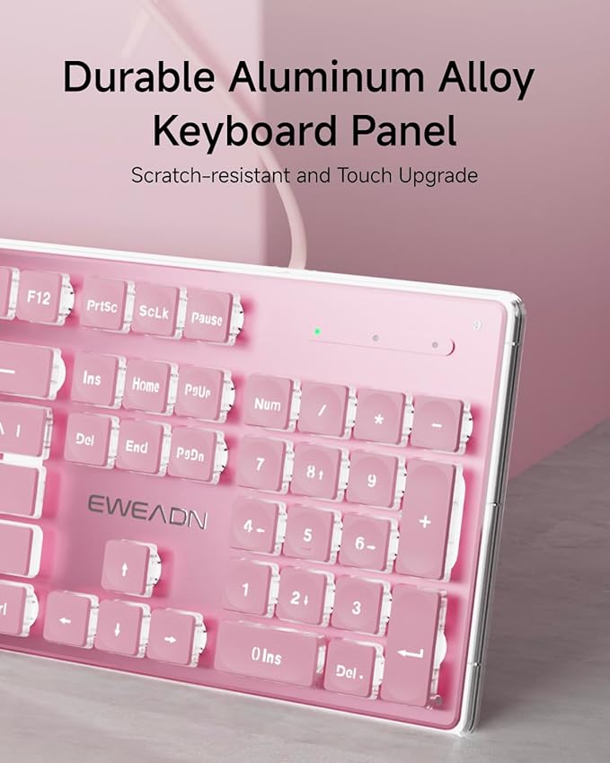 EWEADN GX710S Backlit Computer Keyboards, Wired USB Keyboard with White Backlit, Metal Panel, Plug and Play, Pudding Keycaps Full Size Quite Computer Keyboard for Win/PC/Laptop-Pink