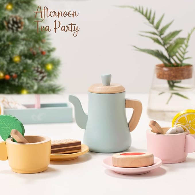 Giant bean Kids Wooden Tea Set for Little Girls, 21 PCS Kitchen Playset Toys Gifts for Toddlers Kids Boys 1 2 3 4 5 6, Play Kitchen Accessories for Kids Tea Party