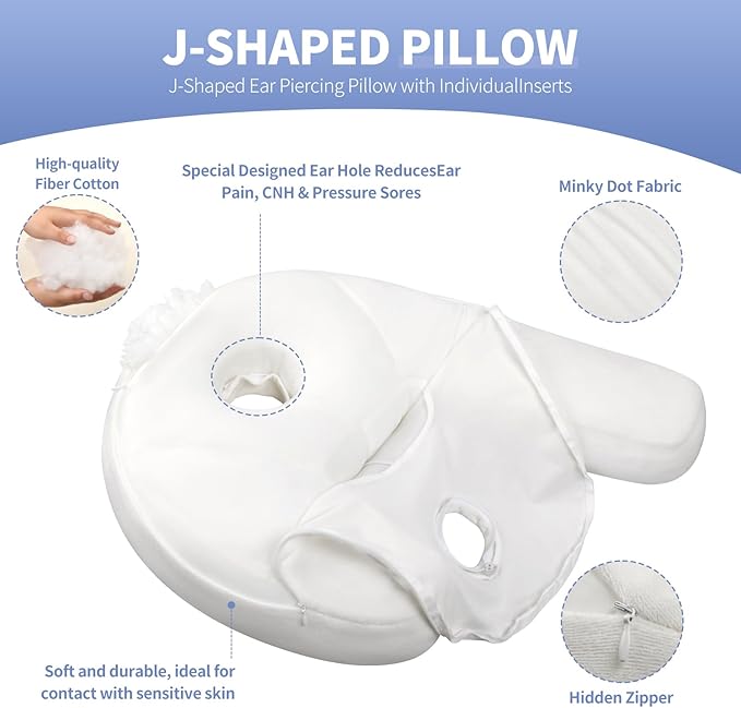 Body Pillow for Side Sleepers with Ear Hole, J & U-Shaped Neck Pillow for Ear Piercing, Relieves Neck, Shoulder & Back Pain, 20x26 Inches with Pillowcase (White)