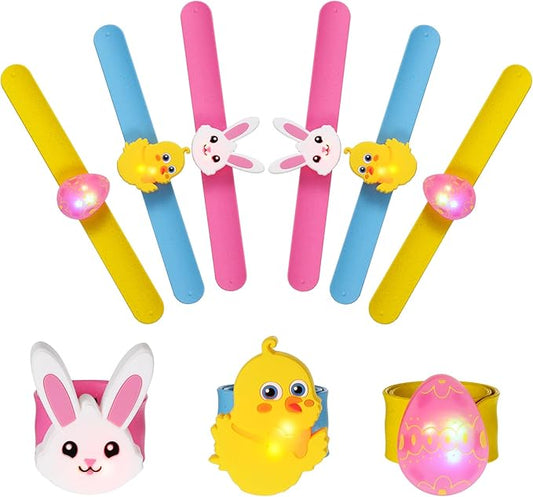 6 Pcs Kids Light Up Slap Bracelets Gifts LED Party Favors Glow Snap Bracelet Glitter Wrist Bands for Bunny Eggs Chicks Silicone Bands Easter Basket Fillers