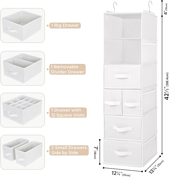 GRANNY SAYS Hanging Closet Organizer and Storage, 6 Shelf Clothes Organization with Drawers, 6 Side Pockets Closet Hanging Shelves for Bras, Socks, Underwear, Nursery Room, Wardrobe, White, 1-Pack