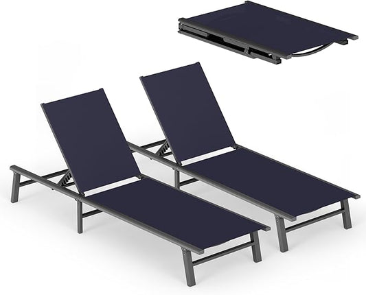 Ciokea Aluminum Outdoor Lounge Chair Set of 2- No Assembly Needed, Foldable Patio Chaise Lounge with 5 Adjustable Positions, Reinforced Frame for Extra Durability, Pool Beach Lounge Chair,Navy Blue