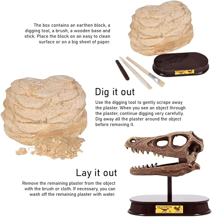 ArtCreativity Dinosaur Excavation Kit for Kids, Velociraptor Skull Excavating Set with Fossil Digging Tools and Stand, Fun Science Activity Toy, Educational Dinosaur Gift for Boys and Girls
