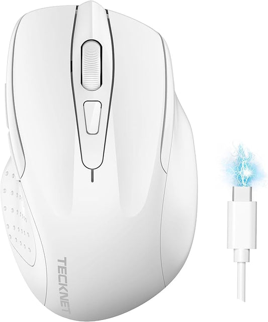 TECKNET Wireless Mouse (BT5.0/3.0 & 2.4G) Rechargeable 4800 DPI Silent USB A & Bluetooth Mouse 6 Buttons, Wide Compatibility - White