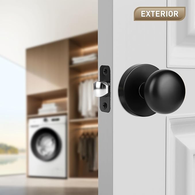 Passage Interior Door Knobs, Matte Black Door Knob for Hall and Kitchen, No-Locking Vintage Round Design Door Handle, Zinc Alloy 1 Pack