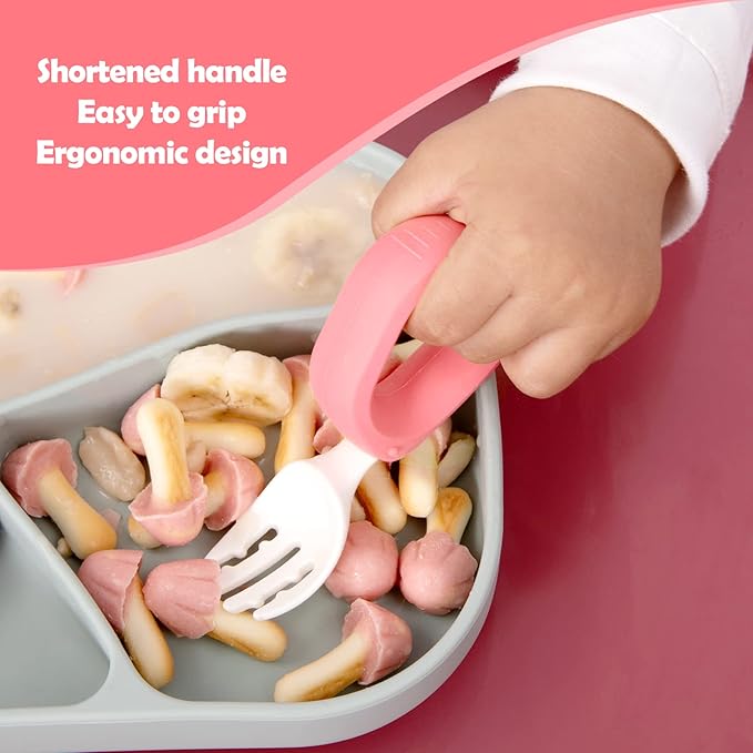 Baby Self Feeding Training Spoon and Fork Set with Travel Case, BPA-Free Cute Circle Toddler Training Utensils, Silicone/ABS Great Tableware Set Spoons Fork for Kids(Pink)