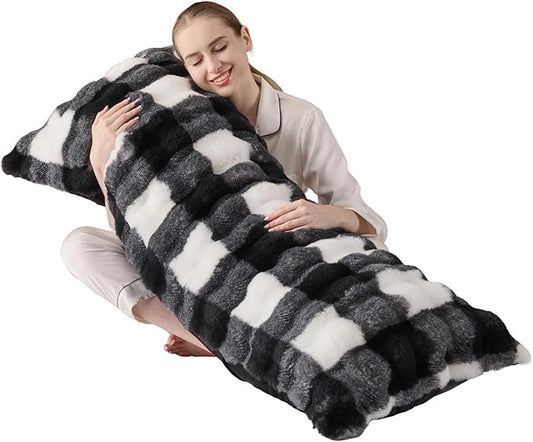 Luxury Shaggy Faux Fur Body Pillow,Fluffy Bed Pillow with Zipper Closure,Soft Decorative Plush Full Long Pillows,Fuzzy Hug Pillow for Living Room Side Sleeper & Pregnancy 20"x54" Print in Black/White