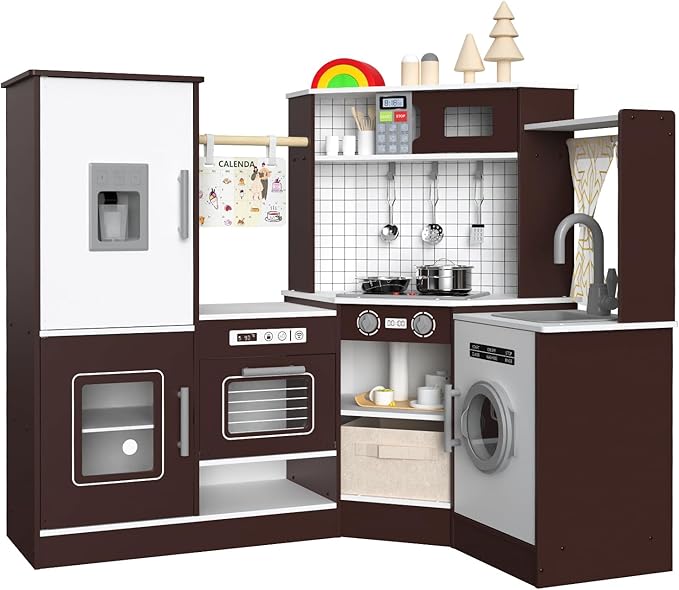 Babytronic Corner Wooden Play Kitchen Set for Kids w/Lights & Sounds, Pretend Play Kitchen Playset with Stove, Microwave, Ice Maker & Accessories, Perfect for Toddlers & Multiple Children (Coffee)