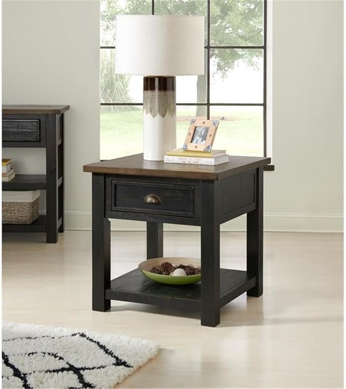 Monterey Farmhouse Rustic End Table, Solid Pine Wood Coastal Side Table with Drawer and Shelf. Black and Brown.